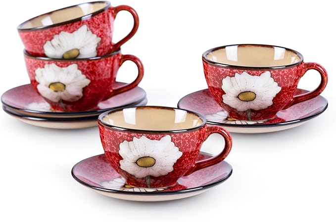8 Oz Floral Porcelain Cappuccino Cups with Saucers Set of 4, Stoneware Tea Coffee Mugs for Home Kitchen & Office, Dishwasher Microwave Oven Safe, for Espresso, Latte, Americano, Milk & Tea, Red