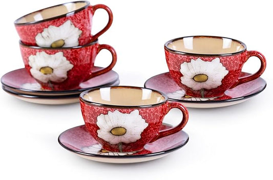 8 Oz Floral Porcelain Cappuccino Cups with Saucers Set of 4, Stoneware Tea Coffee Mugs for Home Kitchen & Office, Dishwasher Microwave Oven Safe, for Espresso, Latte, Americano, Milk & Tea, Red