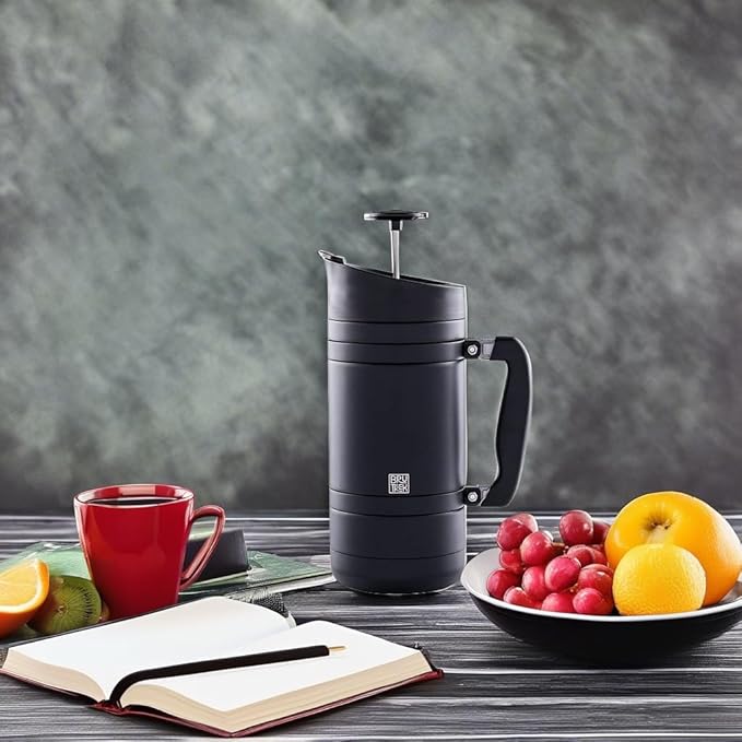 BruTrek® by Planetary Design BaseCamp Coffee Press - Double Wall Insulated Stainless Steel - Bru-Stop Technology, No Grounds in Coffee, No Spill Lid (Obsidian, 48 fl.oz)