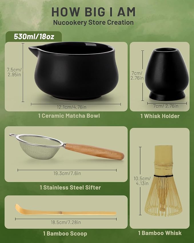 Nucookery Matcha Whisk Set - 5 Pcs Matcha Set with 18oz Ceramic Matcha Bowl (Chawan) with Spout, Bamboo Whisk & Holder, Scoop and Sifter | Complete Matcha Kit for Japanese Tea Ceremony (Black)