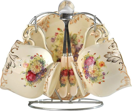 YOLIFE Tea Cups and Saucers Set of 2, Vintage Floral Porcelain Tea Cups with Holder- 8 oz