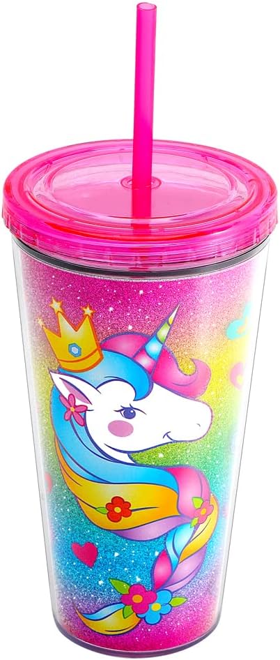 Home Tune Cute Glitter Tumbler Cups with Lid and Straw, Double Wall Insulated Acrylic Cup, 22 oz / 650ml (Unicorn)