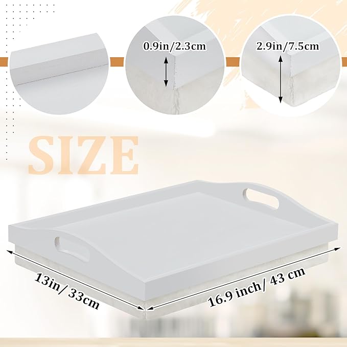 Tioncy 1 Piece Bamboo Lap Tray with Detachable Pillow 16.9'' x 13'' Lap TV Trays Desk with Handles for Adults Eating in Recliner Breakfast Housewarming Gift (White)