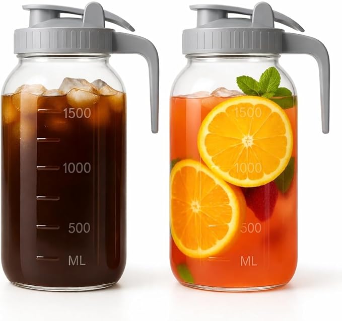 2 Pack - 64oz Glass Pitcher with Lid Wide Mouth, 2 Quart (1.9 Liter) Mason Jar Pitcher with Lid and Spout, Leakproof Water Jug for Water, Juice, Tea, Iced Coffee, Milk Storage