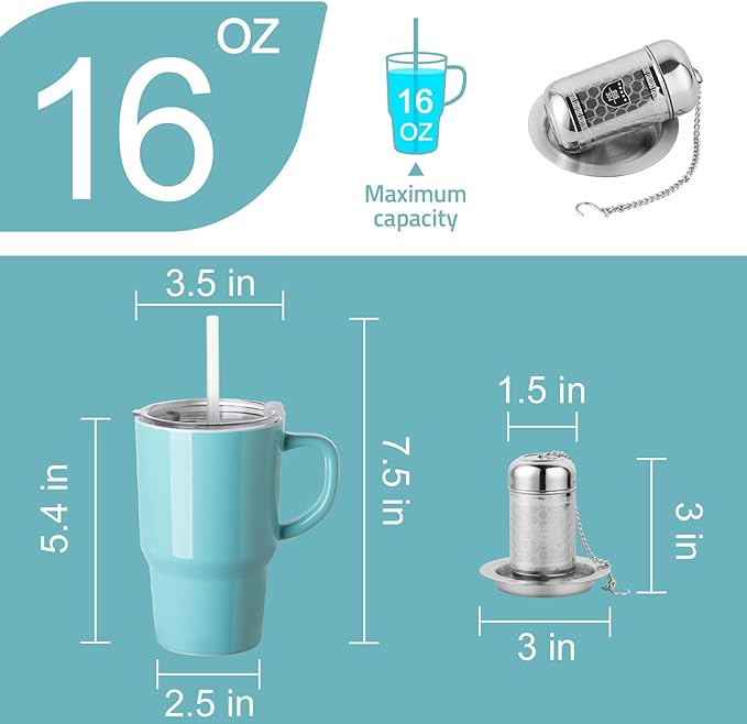 Sweejar Ceramic Tea Cup with Lid, 16 OZ Portable Coffee Mug, Dishwasher Safe Travel Mug with Infuser, Reusable Teacup for Car Cup Holder, Tea Lovers(Turquoise)