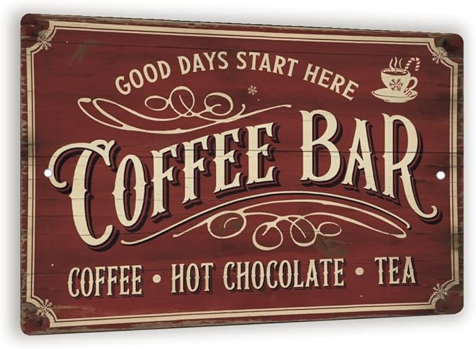 Vintage “Coffee Bar” Metal Sign – Retro Café Wall Art With Red Distressed Background, Rustic Kitchen Or Coffee Station Decor 8x12