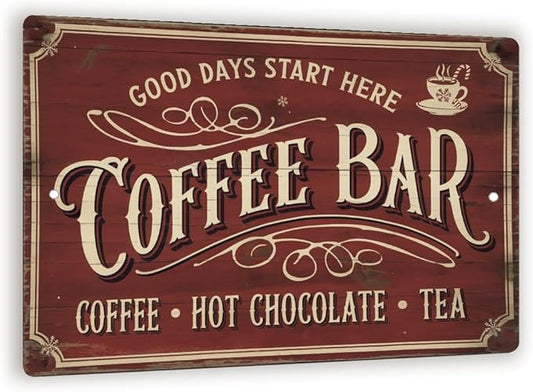 Vintage “Coffee Bar” Metal Sign – Retro Café Wall Art With Red Distressed Background, Rustic Kitchen Or Coffee Station Decor 8x12