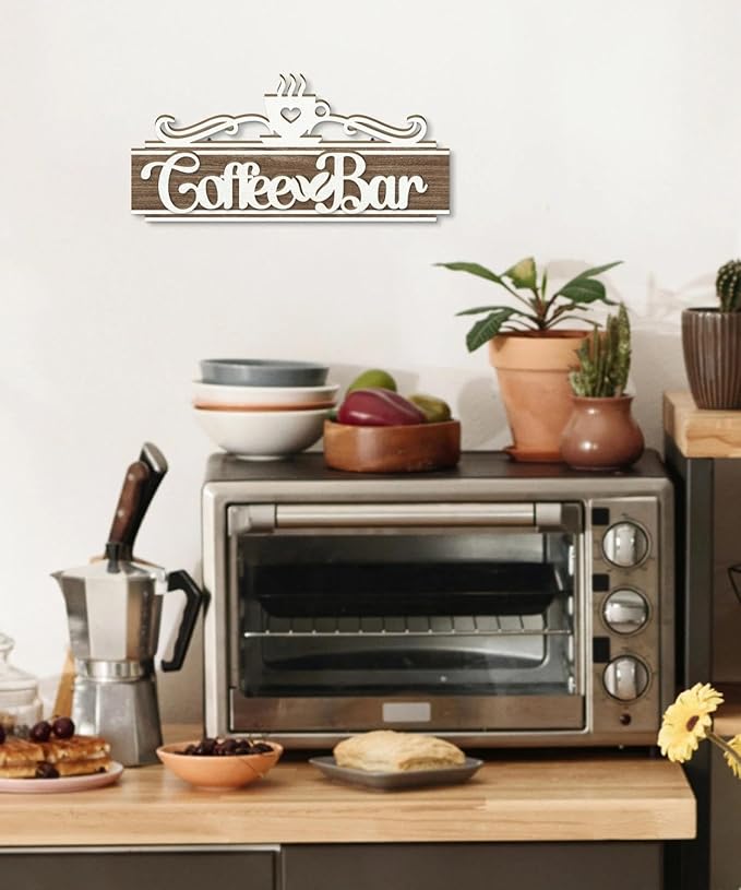 Putuo Decor Vintage Coffee Bar Sign, Farmhouse Coffee Accessories for Cafe Station Wall Decor, Long Double-Layer Cafe Sign for Home Kitchen Countertop Decoration, 12×5.5in