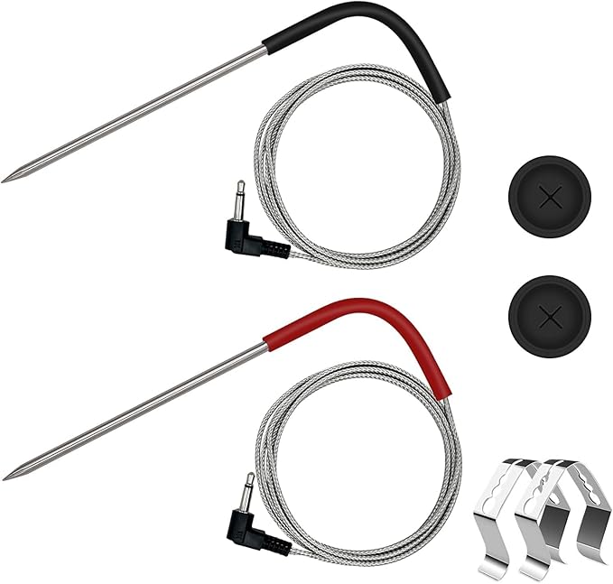 2-Pack Temp Meat Probe Replacement for Pit Boss Pellet Grills and Smokers, 3.5 mm Plug Thermometer Probes with 2 PCS Probe Grommets and Clips