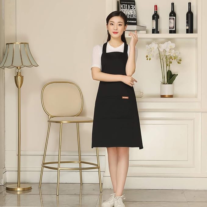 NEWGEM 100% Cotton Cross Back Apron for Women with 2 Pockets - Adjustable Button Straps Pinafore, No Neck Pain Kitchen Chef Apron for BBQ Grilling, Professional Stylist (Black) - Image 2