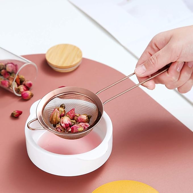 Kyraton Rose Gold Fine Mesh Strainer 3 Pieces Set, Copper Flour Sifter For Baking, Stainless Steel Clander, Matcha Tea Strainer, Gravy Separator, Stasher Sieve Pasta Strainers