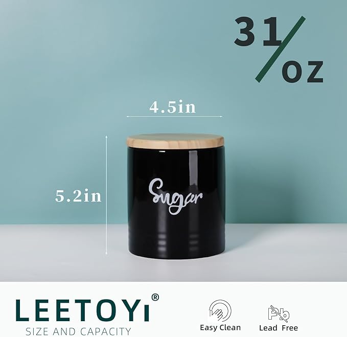 LEETOYI Porcelain Food Storage Containers with Lid, 4.5 Inch 31oz, Black Labeled Sugar