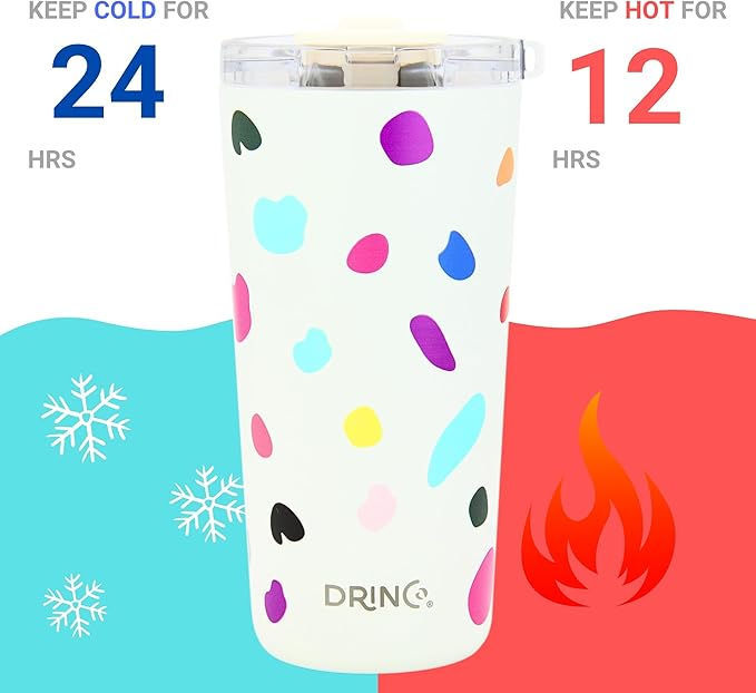Drinco - 20 oz Stainless Steel Tumbler | Double Walled Vacuum Insulated Mug With Lid, 2 Straws, For Hot & Cold Drinks (20oz Blots)