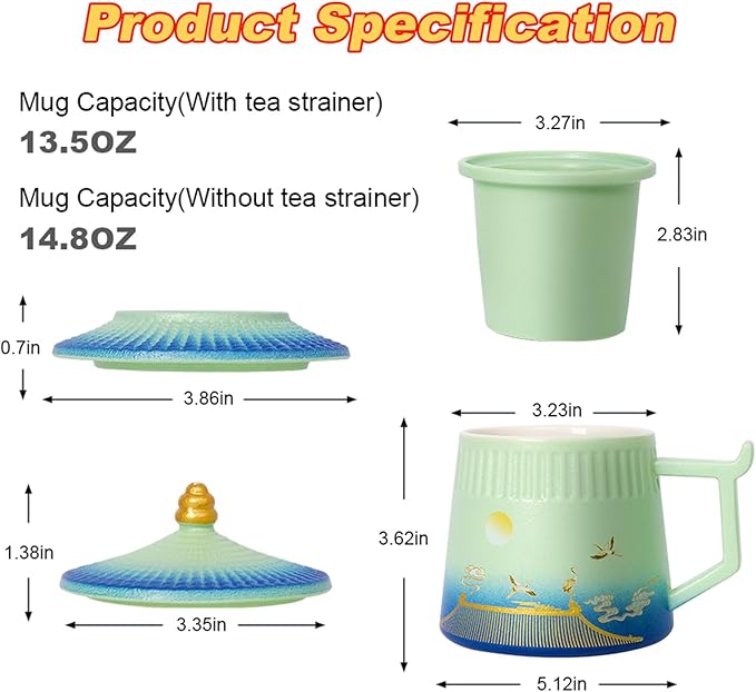 Tea Cup with Infuser and Lid,Loose Leaf Tea Steeper Cup 14.8oz Ceramic tea Infuser Mug Travel Large Steeping Cup Diffusers Mugs with Fine Strainer and Handle