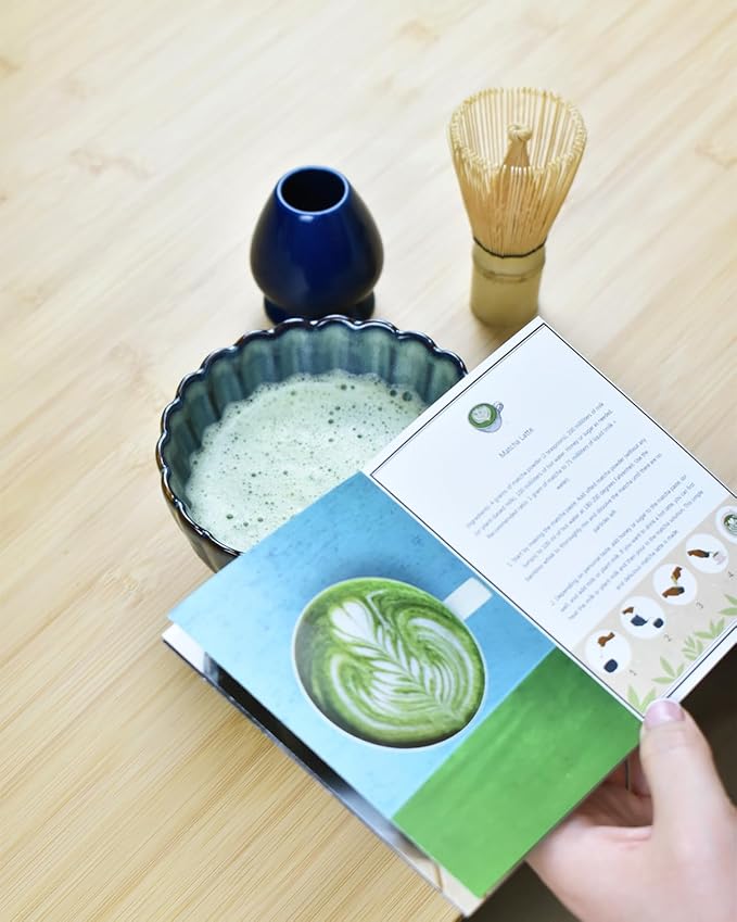 Artcome Matcha Tea Set - 17oz Petal-Shaped Matcha Bowl, Bamboo Whisk, Scoop, Whisk Holder & Brewing Guide, Japanese Tea Ceremony Tools for a Perfect Matcha Experience, Grayish Blue
