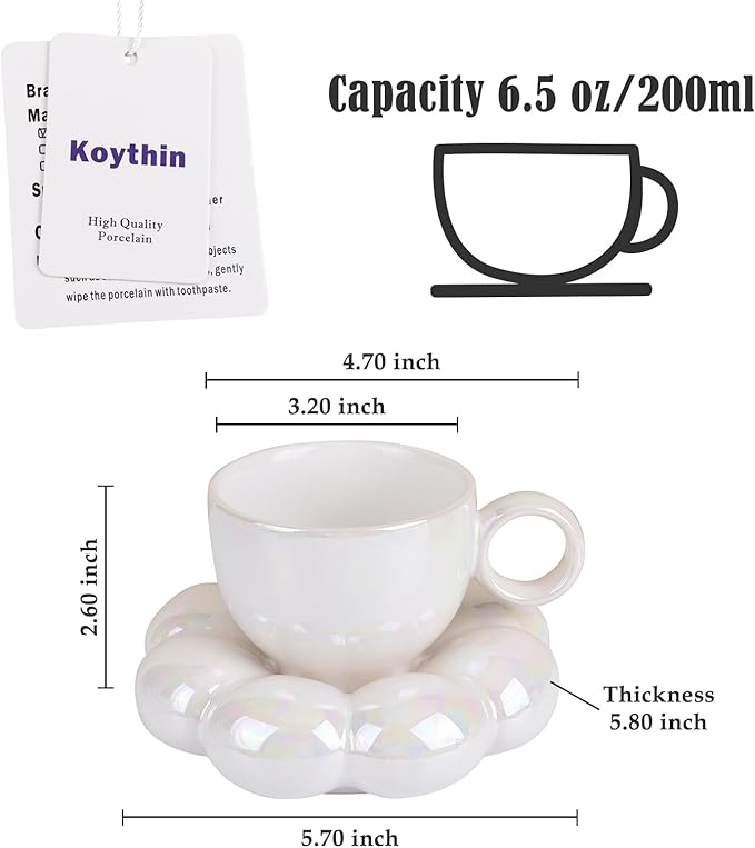 Koythin Ceramic Coffee Mug with Saucer Set, Creative Cute Cup with Sunflower Coaster for Office and Home, 6.5 oz/200 ml for Tea Latte Milk (Pearl White)