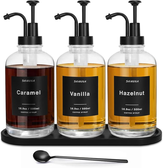 Coffee Syrup Dispenser for Coffee Bar, 16.9oz 500ml Glass Syrup Dispenser w Black Coffee Scoop, Coffee Syrup Pump Dispenser w 36 Labels and Bamboo Tray, Coffee Syrup Bottles with Black Pump, 3PCS by SHANNATOYS