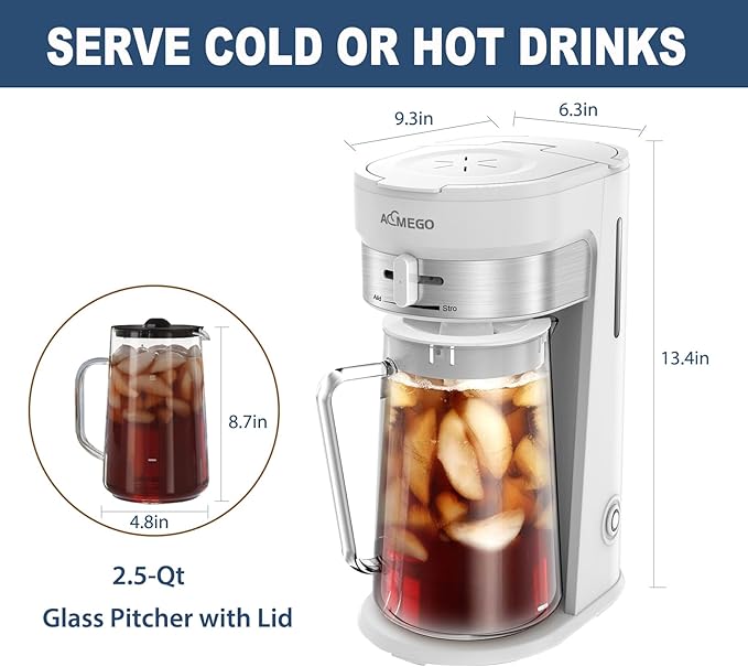Iced Tea Maker, Brewing System with 2.5-quart Glass Pitcher, sliding strength selector, Stainless Steel Decoration, Reusable Filter（white）