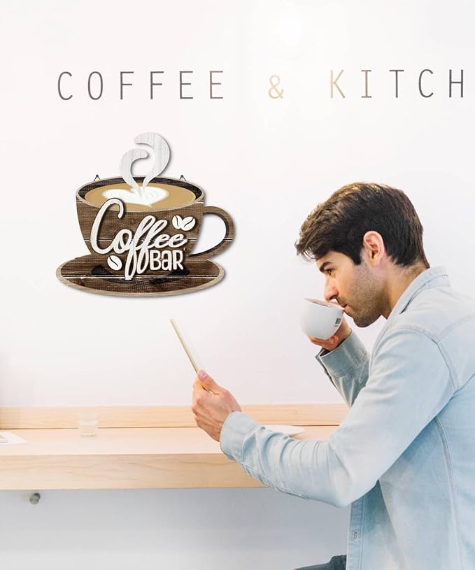Putuo Decor Coffee Bar Wall Art, Double-Layer Coffee Cup Sign with Hook, Rustic Wall Decor for Kitchen, Living Room, Hotel, Vintage Farmhouse Decoration for Latte Lover (Brown)