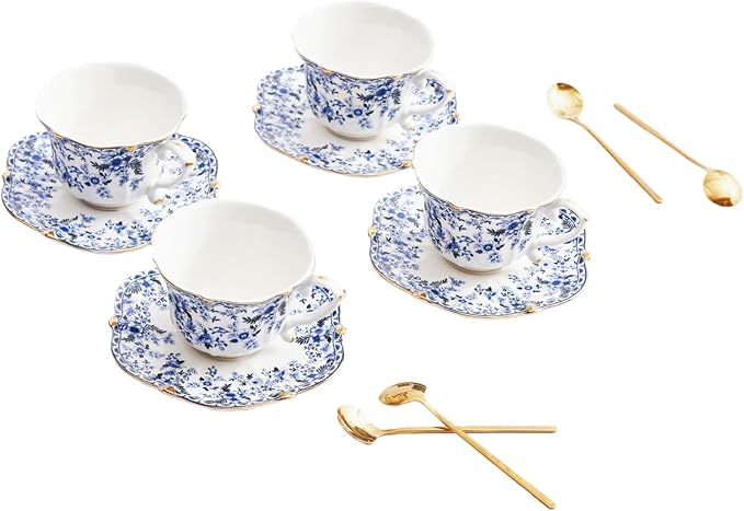 Vintage Floral Porcelain Tea Cup and Saucer Set with Gold Trim, Spoon, Espresso, Coffee, Gift Boxes (4, China Flower)