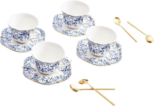 Vintage Floral Porcelain Tea Cup and Saucer Set with Gold Trim, Spoon, Espresso, Coffee, Gift Boxes (4, China Flower)