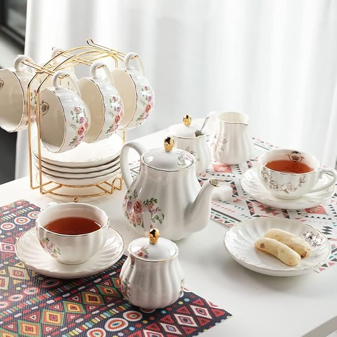 Sweejar Porcelain Tea Sets British Royal Series, 8 OZ Cups & Saucer Service for 6, with Teapot Sugar Bowl Cream Pitcher Teaspoons and Tea Strainer, Suitable for High Tea, Wedding, Party（Beige）