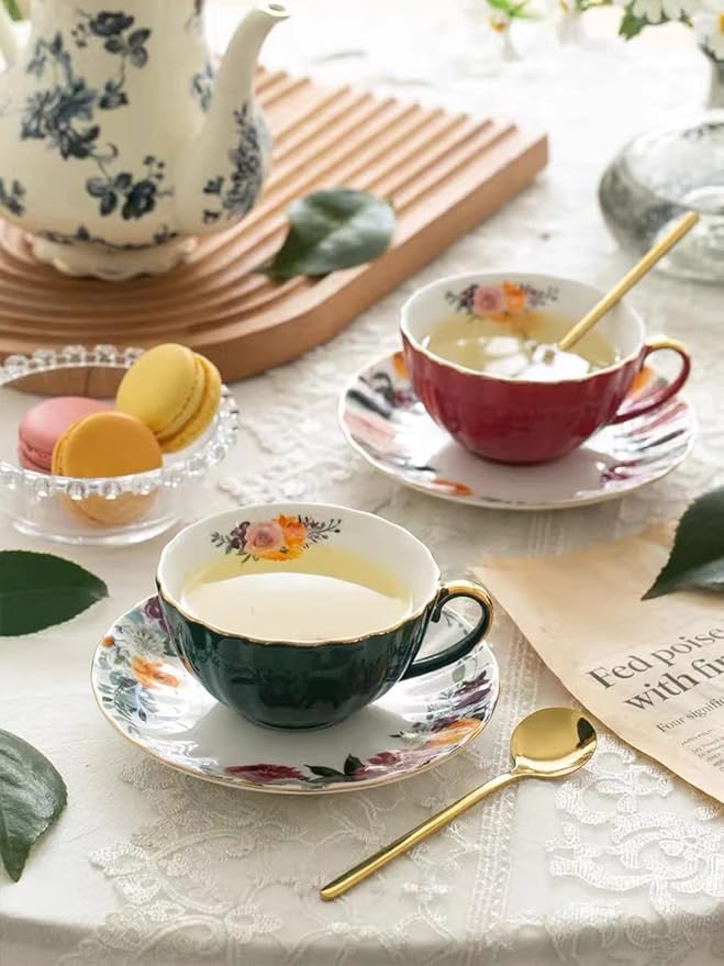 Porcelain Tea Cup with Saucers and Spoon, 2 Sets of 8 Oz Floral Coffee Mug with Gold Trim Holder, Royal Ceramic Teacup Set, Espresso Latte Mugs for Wedding Birthday Party Table Supplies (Red + Green)