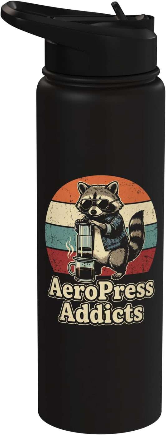 Retro Raccoon Coffee Lover Shirts AeroPress Addicts Stainless Steel Insulated Water Bottle