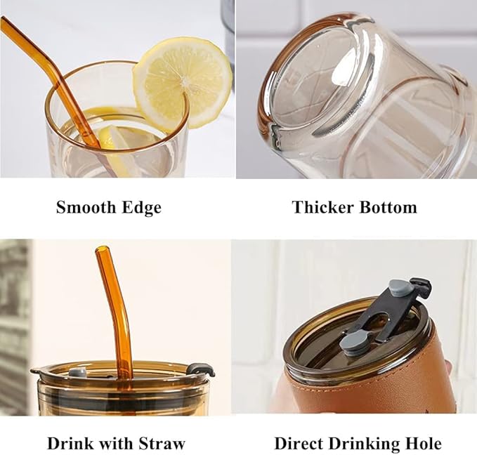 13 oz Tumbler Water Glass, Water Bottle with Straw and Dustproof Lid, Coffee Ice Cup Double Wall Insulated Glass Cup (Amber-2Pack)