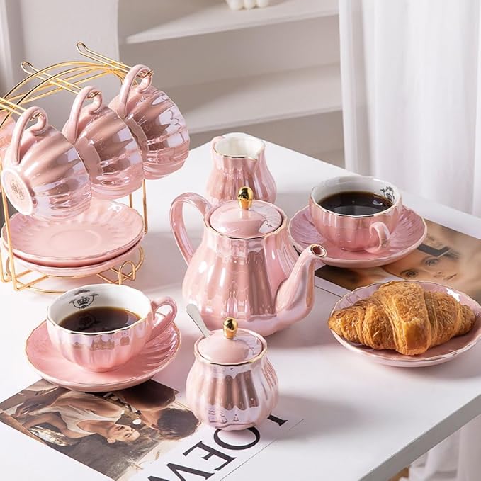Sweejar Porcelain Tea Sets British Royal Series, 8 OZ Cups& Saucer Service for 6, with Teapot Sugar Bowl Cream Pitcher Teaspoons and tea strainer for Tea/Coffee (Coral Pink)