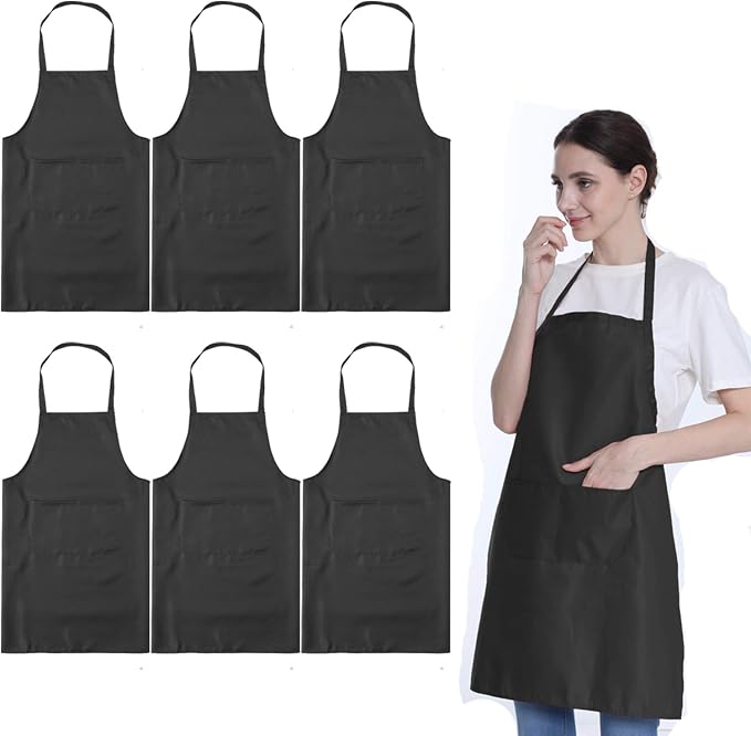 Total 6PCS Black Apron for Wowen Adult Unisex with 2 Pockets-Chef Cooking Baking Kitchen Restaurant Crafting Painting Party Aprons by LOYHUANG