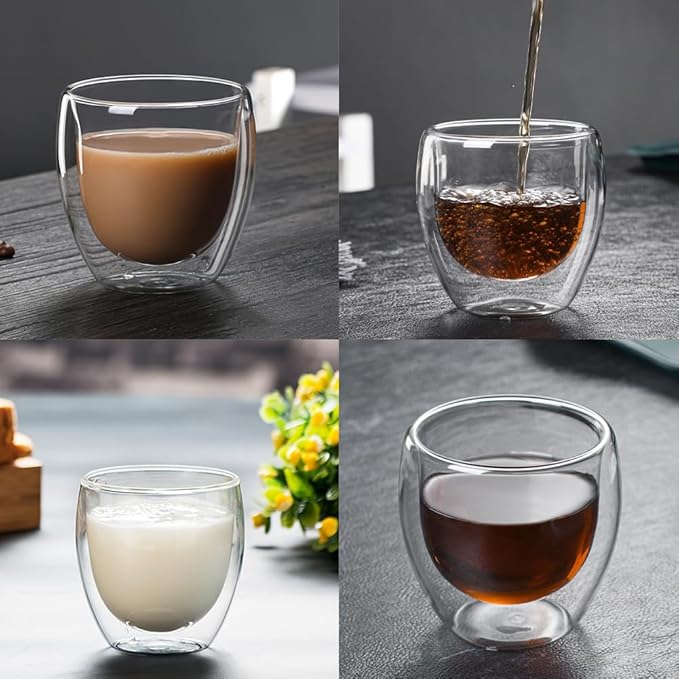 iayokocc Double Walled Espresso Cups Set of 6, 2.7oz Clear Expresso Coffee Mugs, Glass Espresso Shot Cup Set, Double Wall Glasses for Latte Cappuccino Cocoa Milk Cafe Juice Tea, 80ML