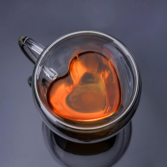Heart Shaped Double Walled Insulated Glass Coffee Mugs or Aesthetic Tea Cups, Double Wall Glass 8 oz, Clear (2)