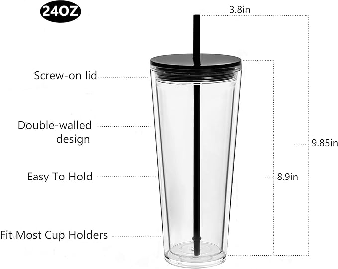 Suertestarry 24 oz Clear Tumblers with Lid and Straw, 3 Pack Plastic Tumblers, Reusable Double Wall Insulated Cups for Travel,Parties, Birthdays,Gifts(3, Transparent+Black+Green)