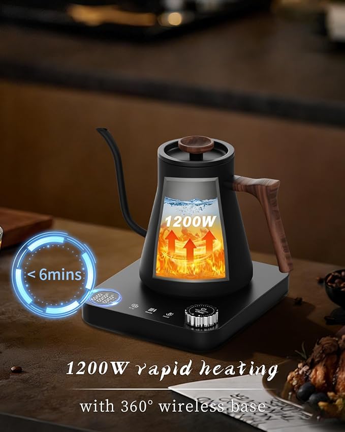 Gooseneck Electric Kettle for Pour Over Coffee, ±1°F Temperature Control, Smart Heating, 304 Stainless Steel, Fast Boil & 2-Hour Keep Warm, 0.9L,Wood Black