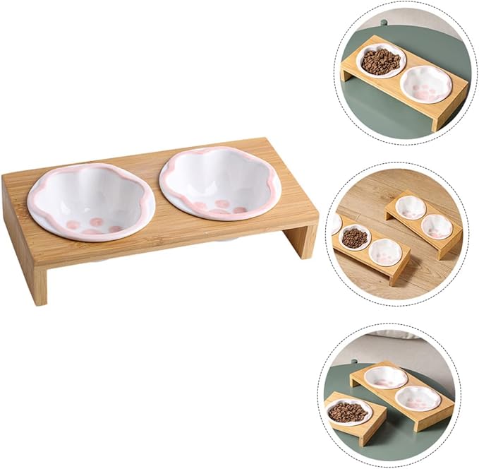 Bamboo Elevated Cat Bowl Ceramic Material Whisker-Friendly Bowl for Kitten Vomiting Relief