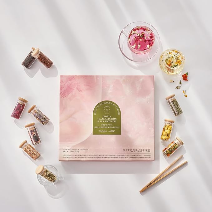 KKOKDAM Premium 10-Tea Sampler Gift Set with Wooden Tweezers – 5 Blooming Flower & 5 Blended Loose Leaf Teas – Unique Korean Gift Box for Women, Mom & Tea Lovers – 1.68oz Variety Pack