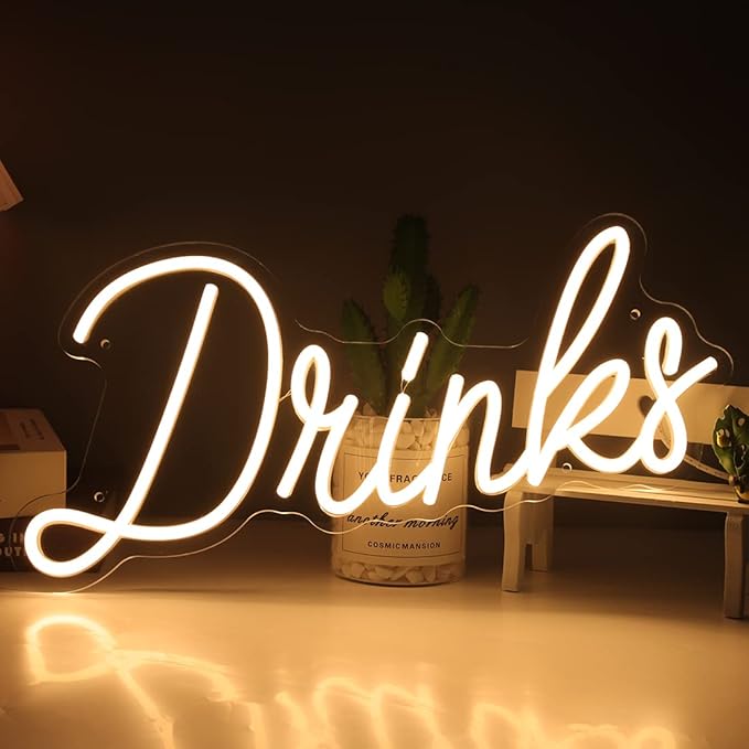 Britrio Warm White Drinks Neon Sign for Home Bar Kitchen Dinning Room Letter Light Birthday Party Bedroom Restaurant Cafe Man Cave Wall Art Decoration 5V USB Powered