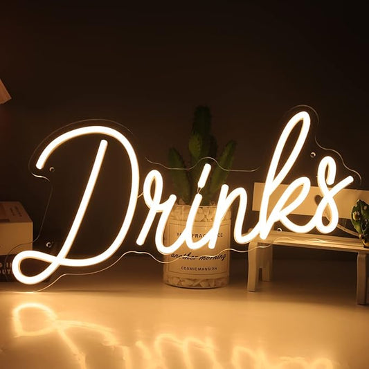 Britrio Warm White Drinks Neon Sign for Home Bar Kitchen Dinning Room Letter Light Birthday Party Bedroom Restaurant Cafe Man Cave Wall Art Decoration 5V USB Powered