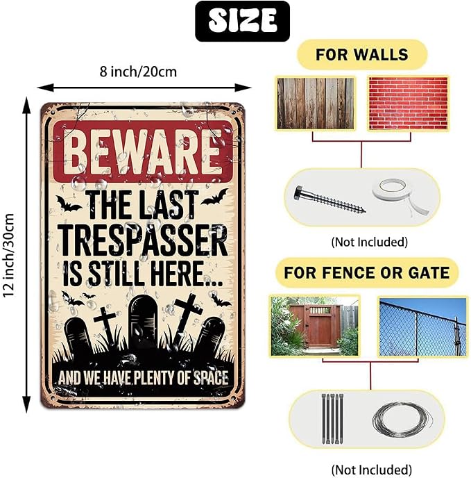 Vintage ''Beware The Last Trespasser Is Still Here...'' Metal Tin Sign - 8x12 Inch, Spooky Ghost Art Sign For Kitchen, Cafe, Garage Decor, Halloween Party Accessories, Halloween Decor - Image 2