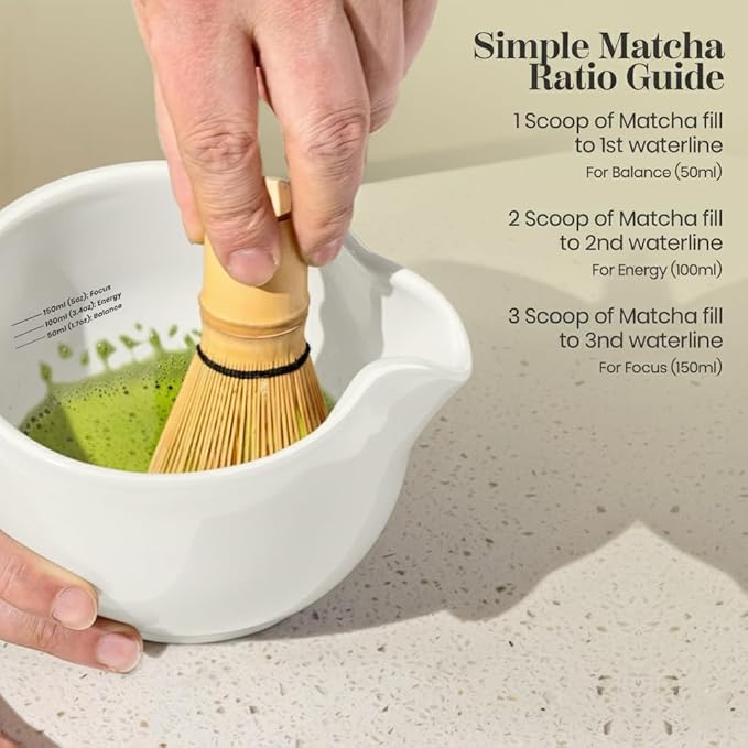 NEXTLUXE Matcha Whisk Set – Matcha Bowl and Whisk Traditional Bamboo Chasen with Ceramic Bowl, Matcha Sets, Matcha Whisk and Bowl, Matcha Starter Kit - Measurement Lines, Spoon & Lid – White
