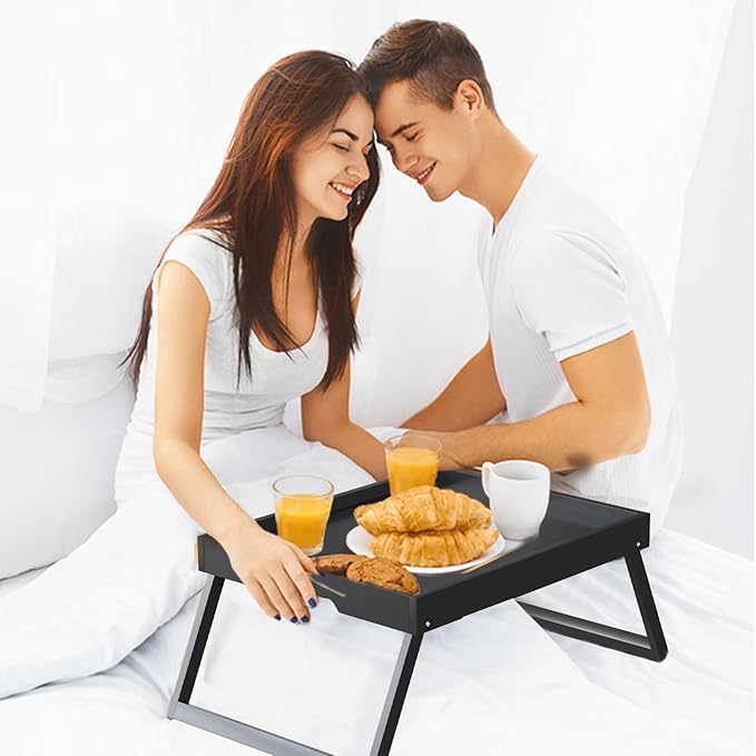Bamboo Bed Tray Table with Foldable Legs, Breakfast in Bed Tray for Eating, Kitchen Serving Trays, Folding Table for Sofa, Beds, Eating, Working, Used As Laptop Desk Snack Trays, Black