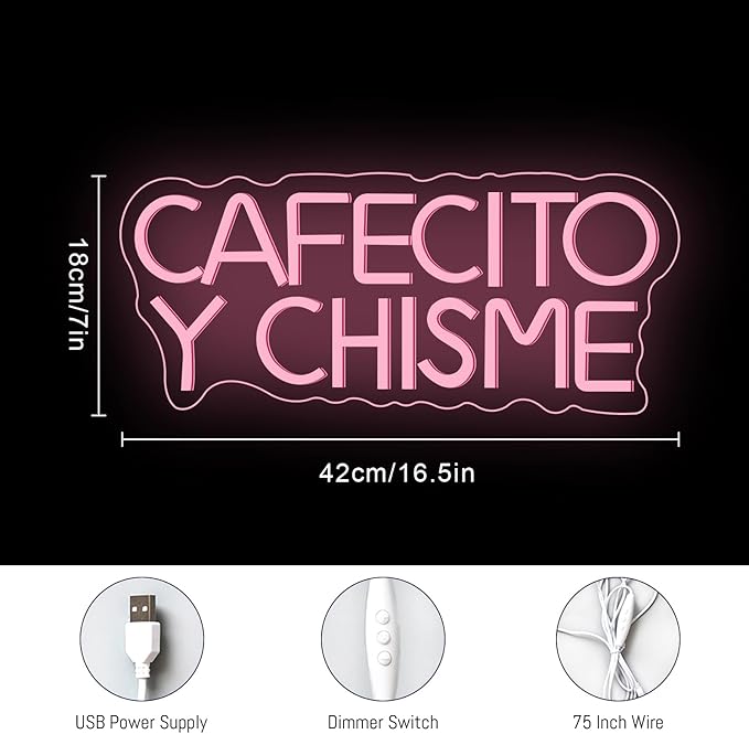 Cafecito Y Chisme Neon Sign for Wall Decor Dimmable Cafecito Y Chisme Sign Mexican Gifts Led Neon Light Sign for Bedroom Coffee Lover Gifts Home Kitchen Decoration