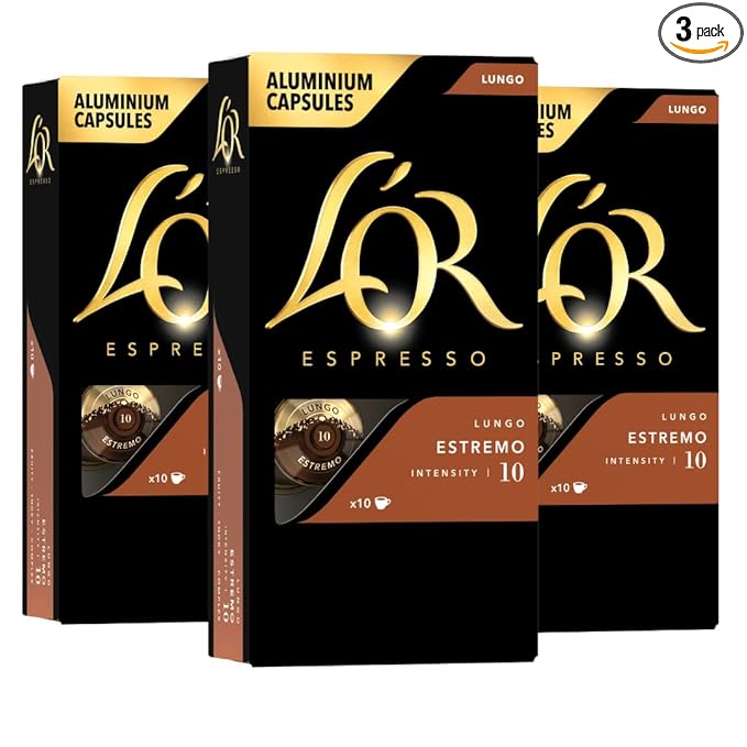 L'OR Espresso Capsules, 30 Count Estremo Lungo, Single-Serve Aluminum Coffee Capsules Compatible with the L'OR BARISTA System & *Nespresso Original Machines, 30 Count (Pack of 3)