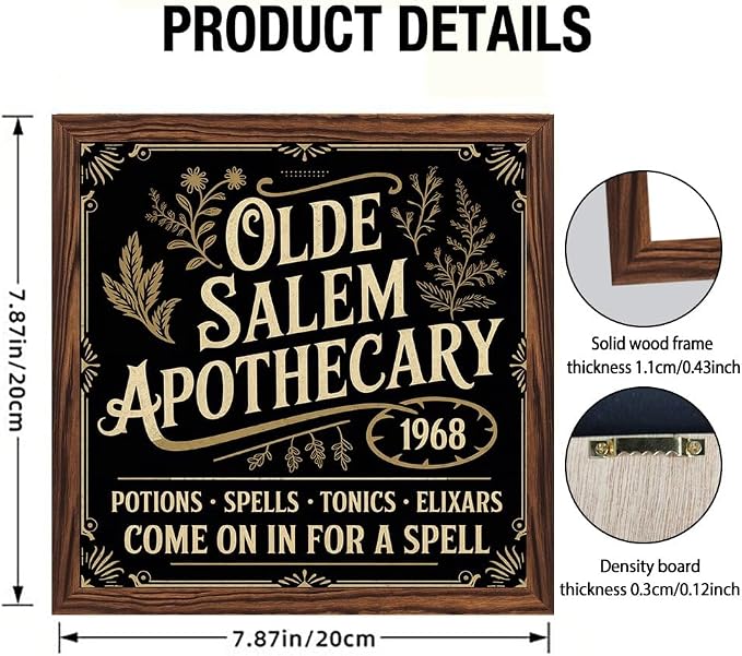Halloween Decorative Sign, Olde Salem Apothecary Wooden Sign, With Frame Witchcraft Sign for Home Kitchen, Cafe, Bar, Garage Halloween Decor 7.87x7.87 Inch - Image 4