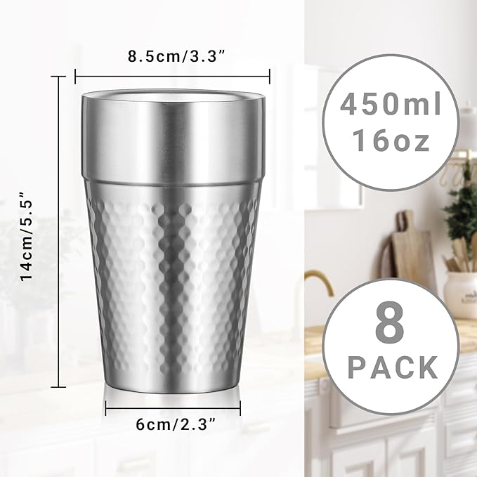 Stainless Steel Double Wall Cup, 16 oz Insulated Tumbler, 8 Pack Unbreakable Stackable Water Tumblers Insulated Metal Cup Premium Drinking Glasses for Travel Camping Home Outdoor