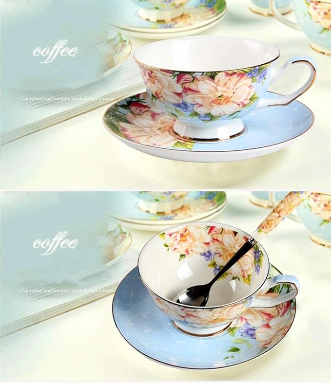 Vintage Ceramic Teacup, Elegant Coffee Cup with Spoon and Saucer Set, Fine Royal Bone China Tea Cups (Blue)
