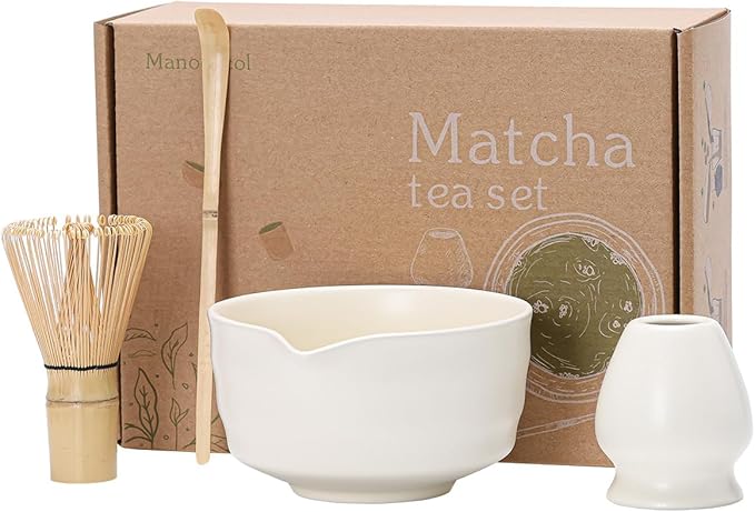 Matcha Tea Set – Traditional Japanese Ceremony Kit with 18.5OZ Ceramic Bowl, Bamboo Whisk, Scoop, and Holder – Ideal for Authentic Matcha Preparation and Gifting (Cream White)