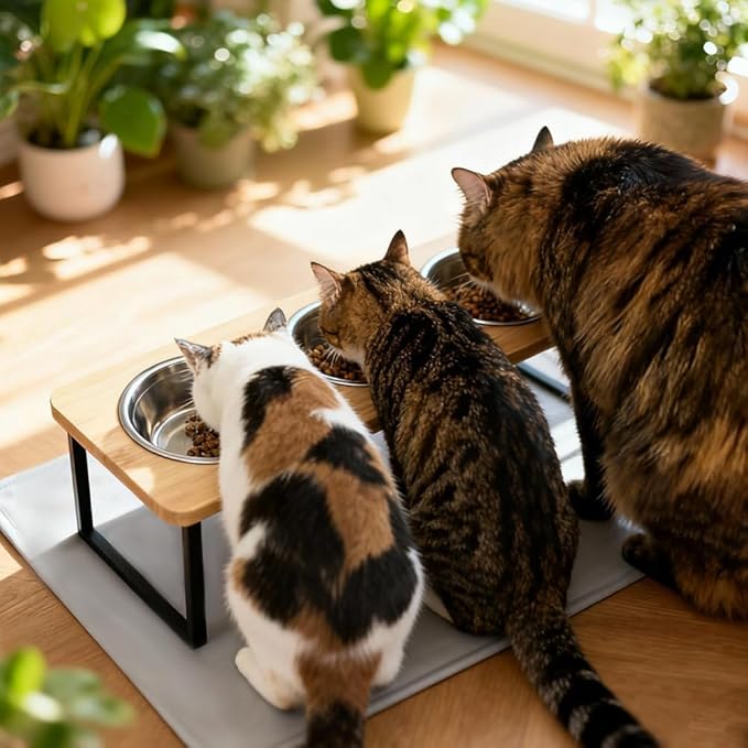 Elevated Cat Bowls with Silicone Mat – 3 Stainless Steel Bowls, 15° Tilted Bamboo Stand Feeding Station for Indoor Cats & Puppy, Anti Vomiting, Whisker Fatigue Relief & Healthy Digestion