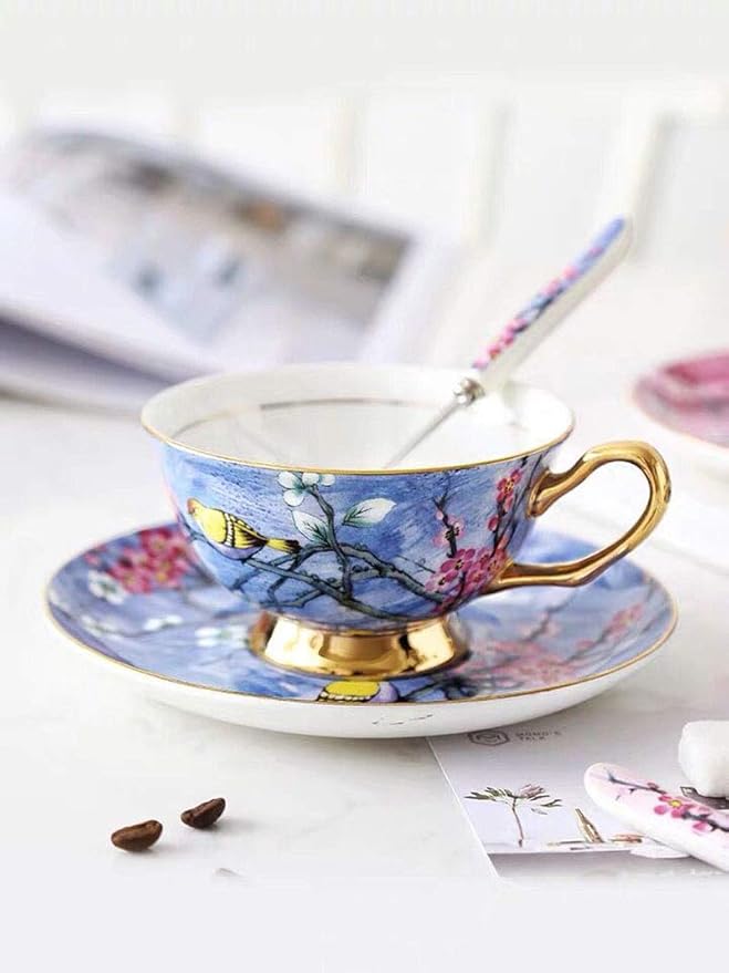 YBK Tech Euro Style Cup& Saucer Set Art Bone China Ceramic Tea Coffee Cup for Breakfast Home Kitchen- Birds and Trees Patterns (Bright Blue)